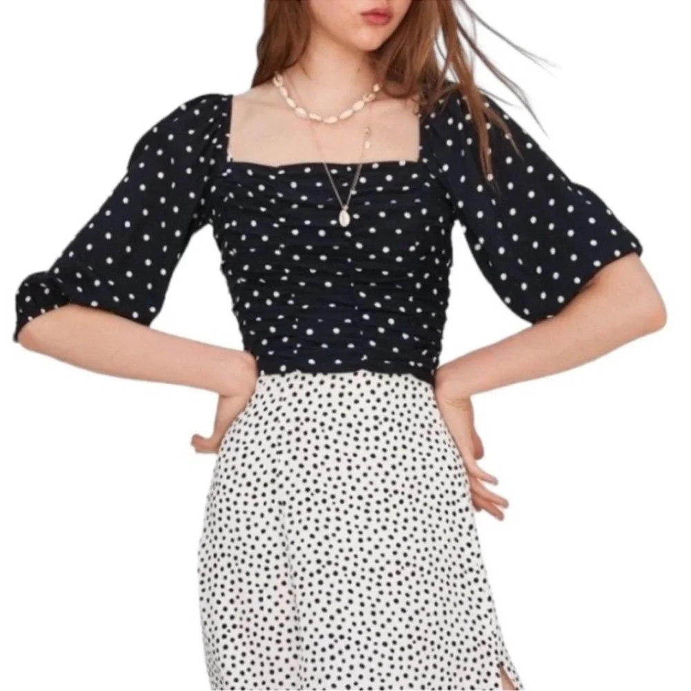 Zara Draped Polka Dot Ruched Puff Balloon Sleeve Square Neck Crop Top | Size S